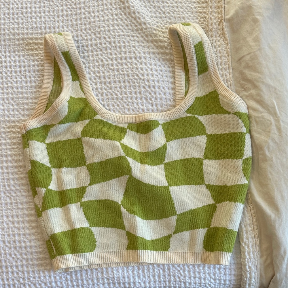 Green and Cream Checkered Crop Top